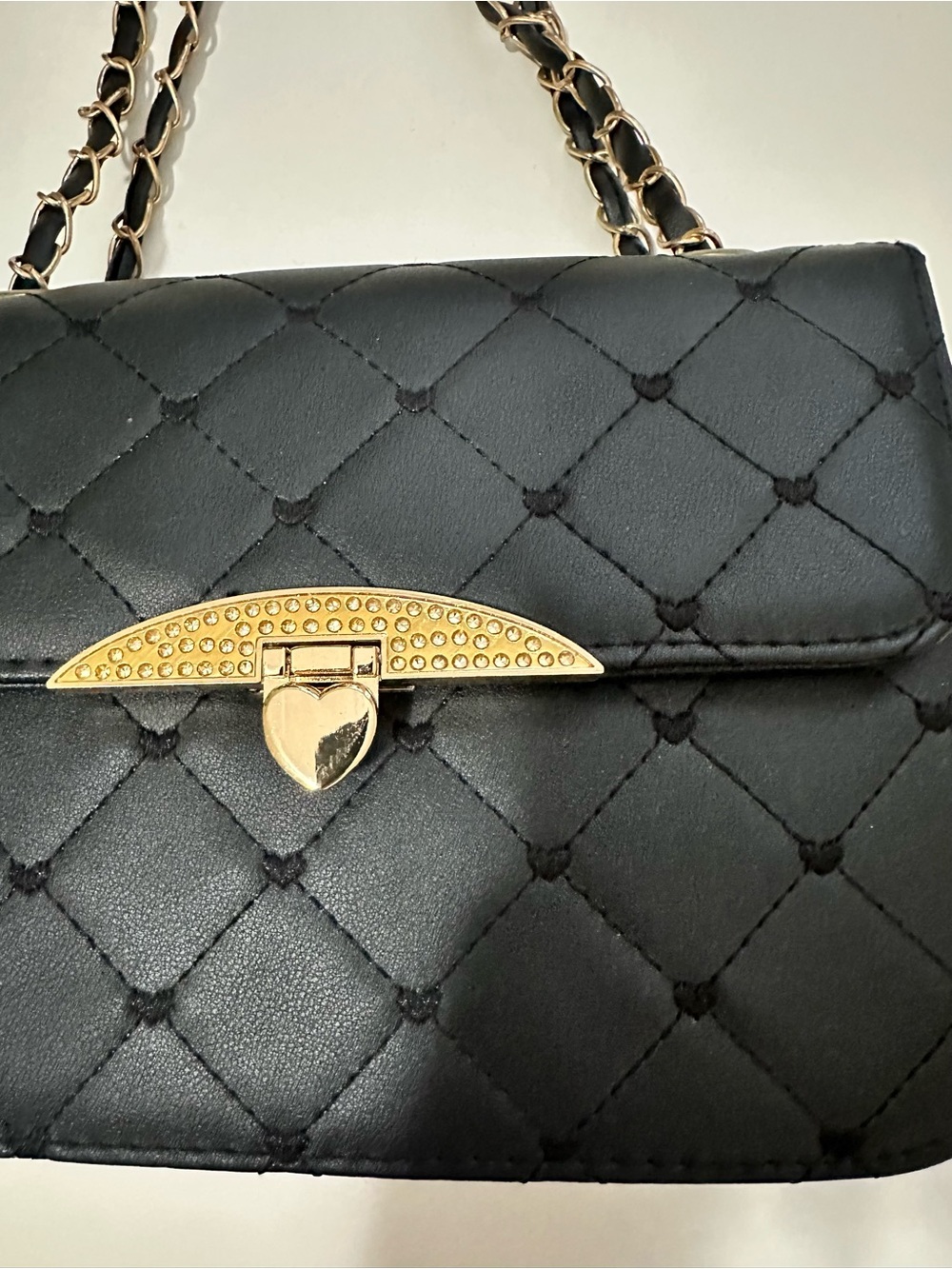 Quilted Black Crossbody Bag with Gold Heart Lock rhinestones